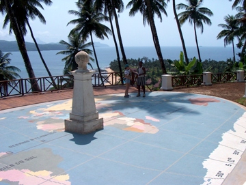 Pictured is the monument that marks the equator where it passes through Ilh u das Rolas, a small island belonging to the equatorial country of Sao Tome and Principe, Africa.  